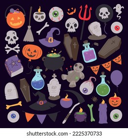 Halloween celebration and Witchcraft related objects. Collection of hand drawn, vector cartoon illustrations.