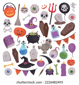 Halloween celebration and Witchcraft related objects. Collection of hand drawn, vector cartoon illustrations.