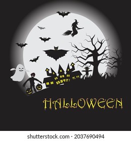 Halloween celebrations with moonlight, pumpkins, witches and spooky ghosts