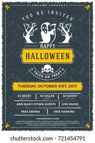 Halloween celebrations. Vintage label on the textured background. Typography poster or flyer template for Halloween party
