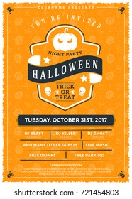 Halloween celebrations. Vintage label on the textured background. Typography poster or flyer template for Halloween party