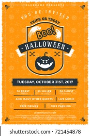 Halloween celebrations. Vintage label on the textured background. Typography poster or flyer template for Halloween party