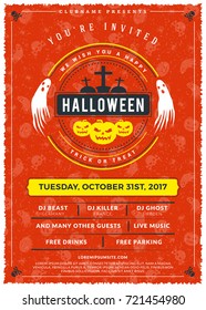 Halloween celebrations. Vintage label on the textured background. Typography poster or flyer template for Halloween party