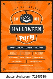 Halloween celebrations. Vintage label on the textured background. Typography poster or flyer template for Halloween party