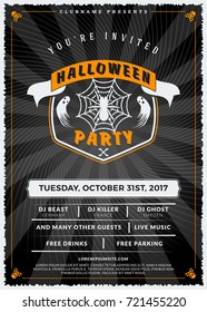 Halloween celebrations. Vintage label on the textured background. Typography poster or flyer template for Halloween party