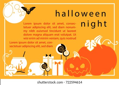 Halloween. Celebratory background with linear icons. Pumpkin, gifts, candy, cauldron, skull, moon, bat and place for text. Vector illustration.