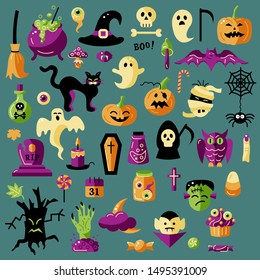 Halloween celebratory subjects isolated on background. Flat style vector illustration set. Great for Halloween party props, greeting card, logo, stickers.