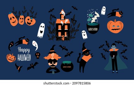 Halloween celebratory subjects isolated on background. Flat style vector illustration set. Great for Halloween party props, greeting card, logo, stickers.