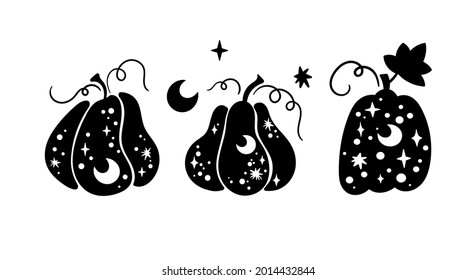 Halloween celestial pumpkin isolated clipart set, Fall magic pumpkin silhouette, Thanksgiving decor, Autumn witchy pumpkins with ornament - vector items