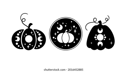 Halloween celestial pumpkin isolated clipart set, Fall magic pumpkin silhouette, Thanksgiving decor, Autumn witchy pumpkins with ornament - vector items