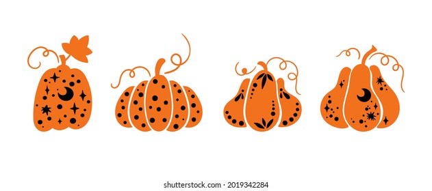 Halloween celestial pumpkin isolated clipart set, Fall magic pumpkin silhouette, Thanksgiving decor, Autumn witchy colorful pumpkins with ornament - vector items