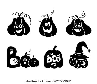 Halloween Celestial Pumpkin Isolated Clipart Set, Fall Magic Pumpkin Silhouette, Creepy Carved Pumpkin Face Decor, Autumn Witchy Pumpkins With Ornament - Vector Art