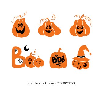 Halloween celestial pumpkin isolated clipart set, Fall magic pumpkin silhouette, Creepy carved pumpkin face decor, Autumn witchy pumpkins with ornament - vector art