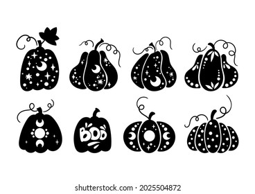 Halloween Celestial Pumpkin Isolated Clipart Set, Fall Magic Pumpkin Silhouette, Creepy Carved Pumpkin Decor, Autumn Witchy Pumpkins With Ornament - Vector Art