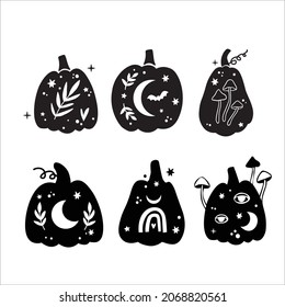 Halloween celestial pumpkin isolated clipart set, Fall magic pumpkin silhouette, Thanksgiving decor, Autumn witchy pumpkins with ornament - vector items