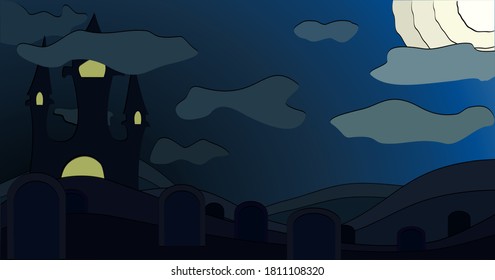 Halloween cementery card, flyer or postcard with a castle, graves and the moon. Vectorial illustration