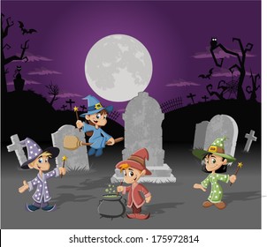 Halloween cemetery background with tombs and cartoon wizard boys and witch girls. Halloween costume.