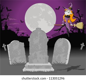 Halloween cemetery background with tombs and funny cartoon witch