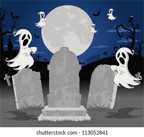 Halloween cemetery background with tombs and funny cartoon classic ghost character