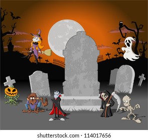 Halloween cemetery background with tombs and funny cartoon classic monster characters