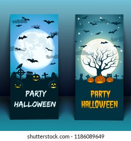 Halloween at cemetery banners with birds lanterns of jack moon on blue 3d background isolated vector illustration