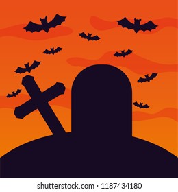 halloween cemetery with bats flying scene