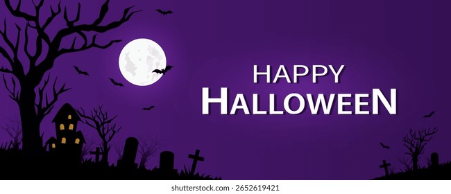 Halloween cemetery with bats, moon, scary trees and purple sky. Vector illustration for Halloween background. Holiday flyer, poster or banner.