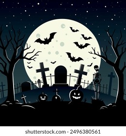 Cementerio de Halloween con luna grande y murciélagos