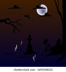 Halloween, cemetery, cross, gravestone, flame, skeleton. Vector illustration.