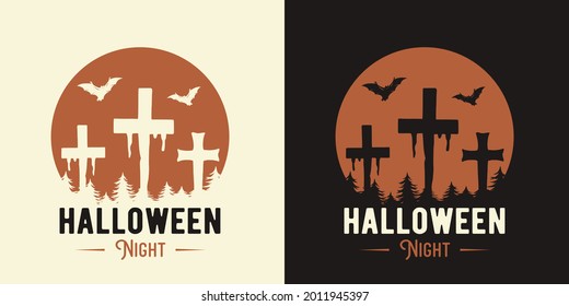 Halloween cemetery with crosses of undead for print. Fear or horror of spooky zombie cemetery of design dark party for happy halloween. Walking dead tombstone