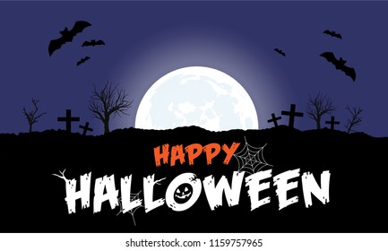 Halloween cemetery and dark night on full moon as background, vector illustrations.