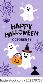 Halloween cemetery elements GHOST cute social media card in purple design