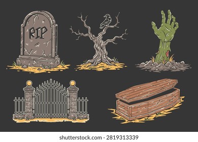 Halloween Cemetery Elements Set Collection with Tombstone, Dead Tree, Zombie Hand Graveyard, Gate, And Coffin for October 31 Vector Illustration