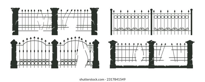 Halloween-Friedhof-Zaun Silhouetten. Heutige und gruselige Friedhofstore, unscharfer Horror zwischen den Dekorationen flach Vektorgrafik Set. Sammlung von Kirchenzäunen