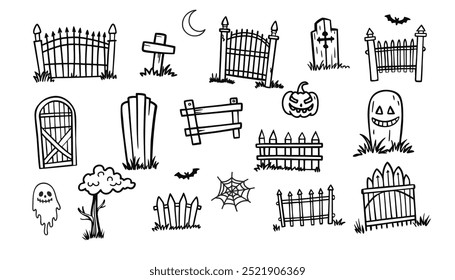 Siluetas de la cerca del cementerio de Halloween. Elementos de valla aterradores, embrujados y espeluznantes. Halloween dibujado a mano doodle set. Ilustración vectorial.