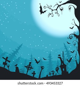 Halloween, Cemetery in the forest, Graveyard, vector illustration