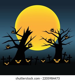 Halloween cemetery with ghost pumpkins, grave and full moon. Horror background halloween use to presentation, web, brochure, greeting card or party