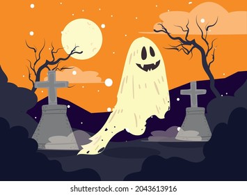 halloween cemetery with ghost scene