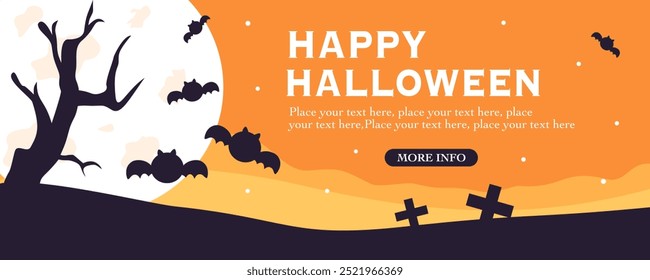 Cementerio y tumbas de Halloween con fondo de Ilustración vectorial de murciélago. Fiesta de vacaciones de Halloween con luna de medianoche para publicidad, Anuncio de venta y Plantilla de póster