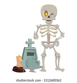 halloween cemetery graveyard with skeleton vector illustration design