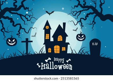 Halloween cemetery house flat illustration background