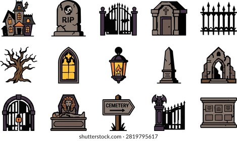 Halloween Cemetery Icon Set, Hand Drawn Spooky Haunted House RIP Gravestone Sarcophagus and Crypt Vector Clipart
