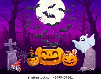 Halloween cemetery landscape with flock of bats and holiday scary pumpkins. Vector graveyard with jack-o-lanterns, ghost and sweets, between old tombstones with amanita mushrooms beneath a moonlit sky