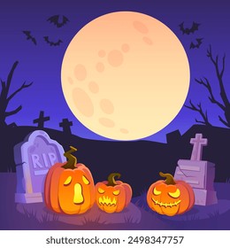 Halloween cemetery landscape. Horror holiday background template. Vector illustration