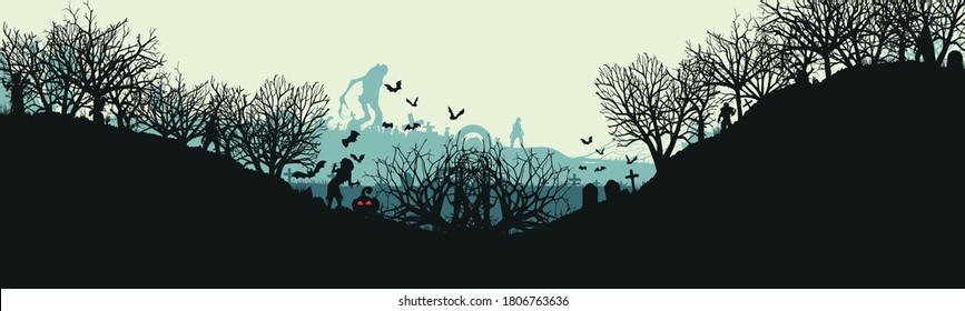 Halloween cemetery landscape with monsters. A party with monsters. Panorama. Flat design. Vector illustration