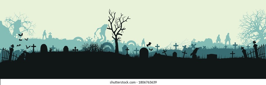 Halloween cemetery landscape with monsters. A party with monsters. Panorama. Flat design. Vector illustration