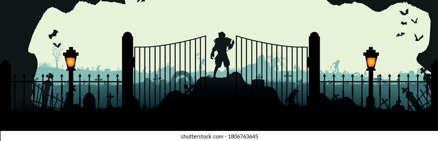 Halloween cemetery landscape with monsters. A party with monsters. Panorama. Flat design. Vector illustration