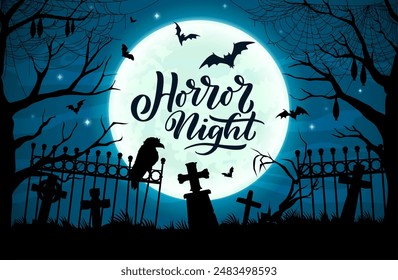 Halloween cemetery landscape silhouette with grave stones. Vector chilling scene of moonlit graveyard with rickety fence, raven sitting on tombstone, eerie bats and trees, evoking creepy atmosphere