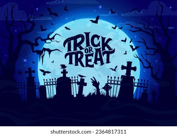 Halloween cemetery landscape silhouette with zombie hands and gravestones. Halloween holiday trick or treat night vector banner of creepy graveyard, trees, spiders, bats and full moon sky background