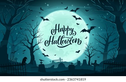 Halloween cemetery landscape with tombstones and flying bats for holiday, cartoon vector. Happy Halloween with midnight moon and flying bats with ravens and cemetery tombstones in haunted forest